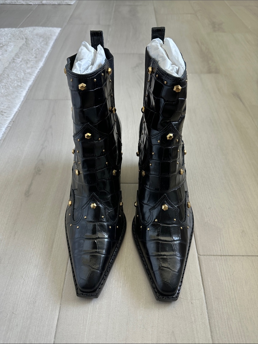 Black Studded Croc-Embossed Ankle Boots - Women's - Picture 2 of 3